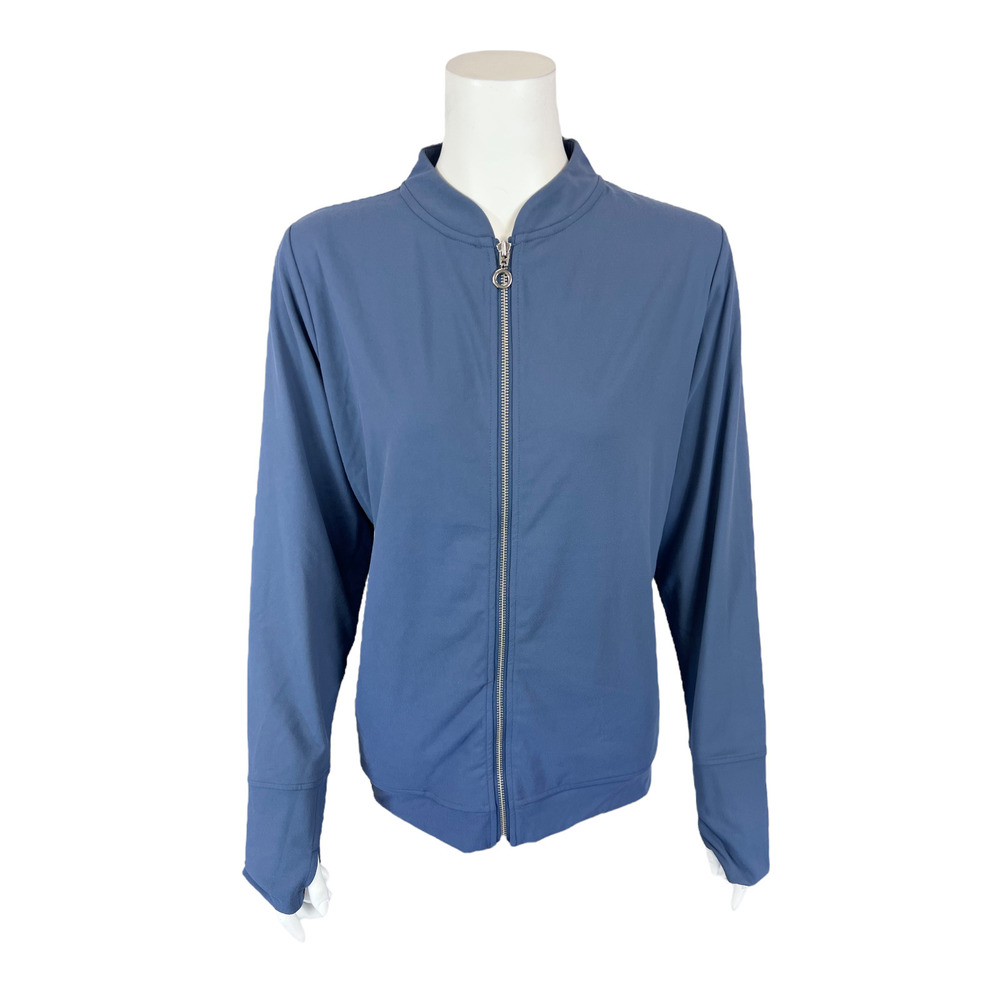 Susan Graver Nylon Brushed Back Knit Zip-Front Jacket Vintage Indigo Large Size
